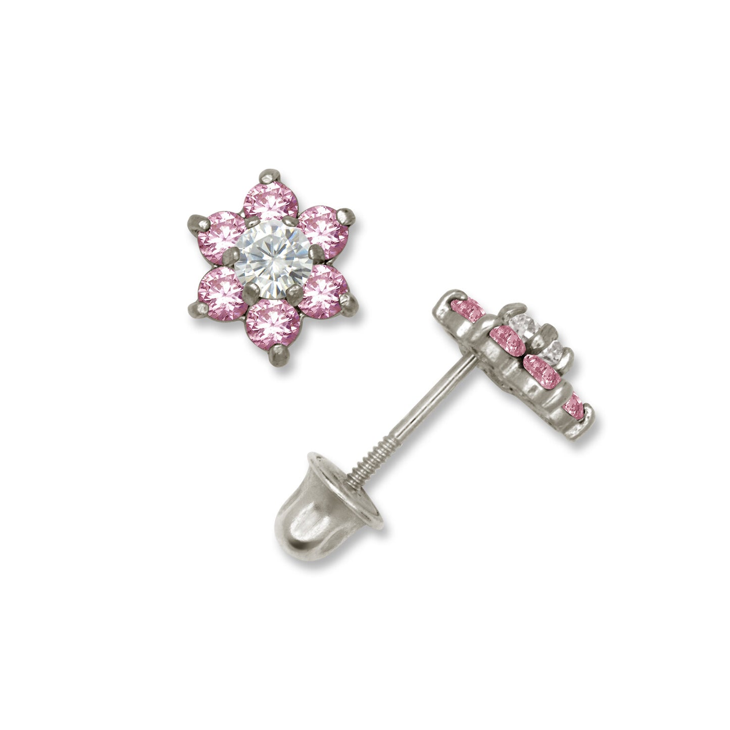 14k White Gold CZ Flower Birthstone Stud Screw Back Earrings