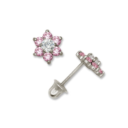 14k White Gold CZ Flower Birthstone Stud Screw Back Earrings