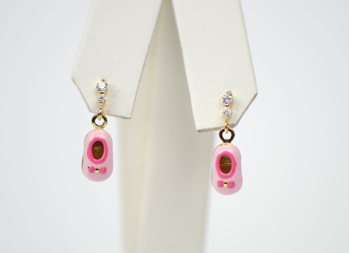 14K Solid Yellow Gold Baby Shoe Enamel Dangle Screw Back Earrings