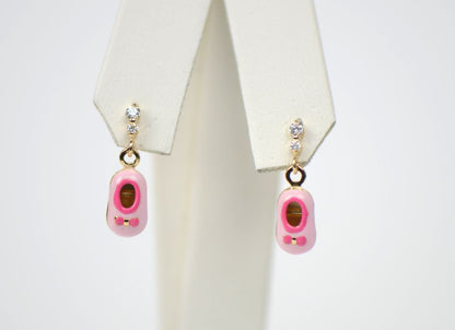 14K Solid Yellow Gold Baby Shoe Enamel Dangle Screw Back Earrings