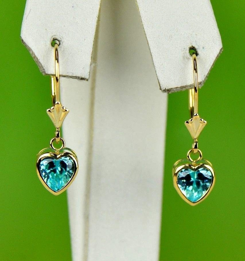 14k Yellow Gold Bezel Heart Birthstone Dangle Leverback Pierced Earrings  6x6 MM