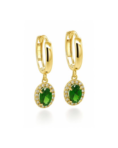14k Yellow Gold Halo Oval Shaped Birthstone Huggie Earrings for Women