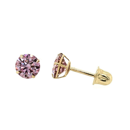 14K Gold GRA Certified D-VVS1 Round Pink Moissanite Screw Back Studs Earrings