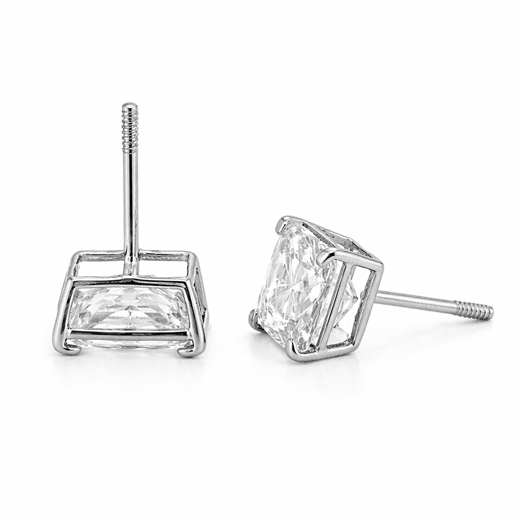 14K Solid White Gold Square Princess Cut CZ Birthstone Stud Earrings All Size