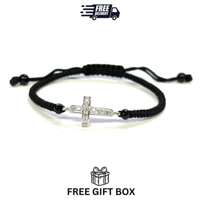 925 Sterling Silver String CZ Bracelet Cross 6" Adjustable to 11"