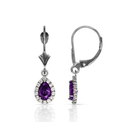 14k White Gold Halo CZ Tear Drop Dangle Leverback Earrings