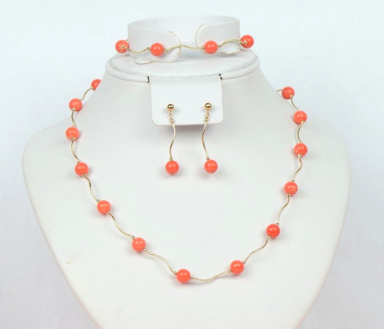 14k Yellow Gold Peach Coral 3pcs Set: Necklace, Bracelet, Earrings