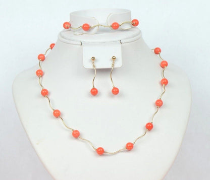 14k Yellow Gold Peach Coral 3pcs Set: Necklace, Bracelet, Earrings