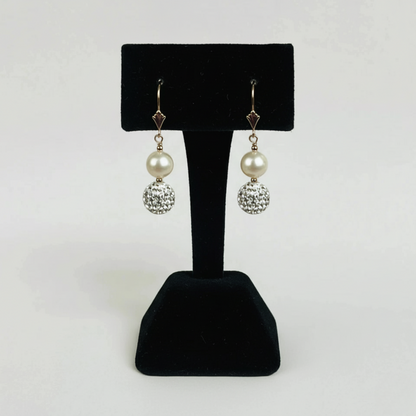 14K Yellow Gold Freshwater Pearl Earrings with Czech Crystal for Women