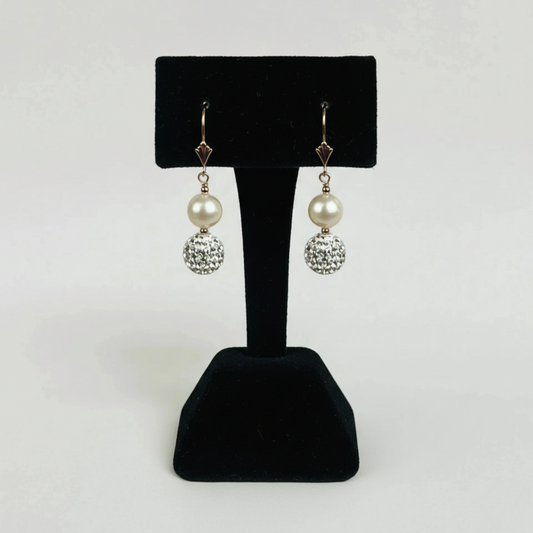 14K Yellow Gold Freshwater Pearl Earrings with Czech Crystal for Women