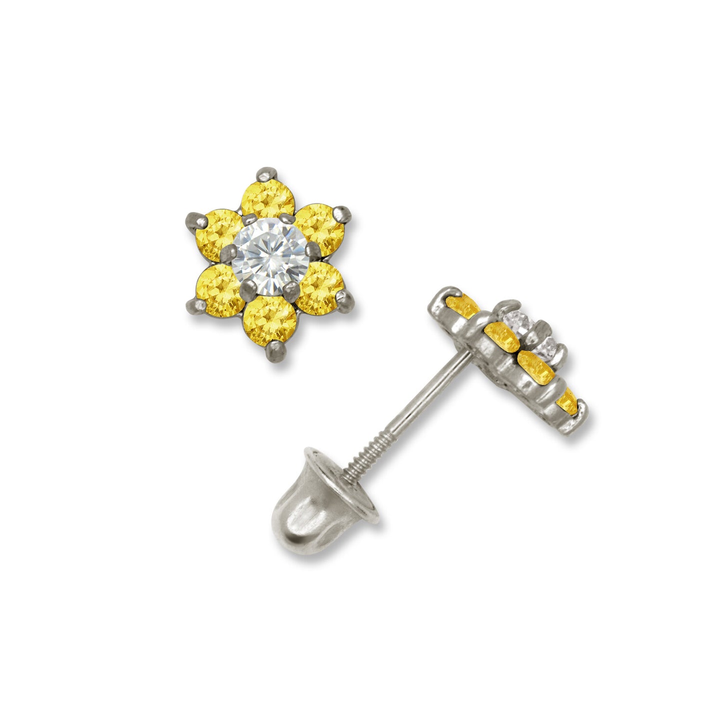 14k White Gold CZ Flower Birthstone Stud Screw Back Earrings