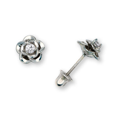 14K Yellow & White Gold CZ Flower Beautiful Earrings for Girls