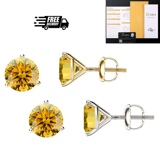 14K Gold GRA CertifiedD-VVS1 Yellow Moissanite ScrewBack Stud Earrings