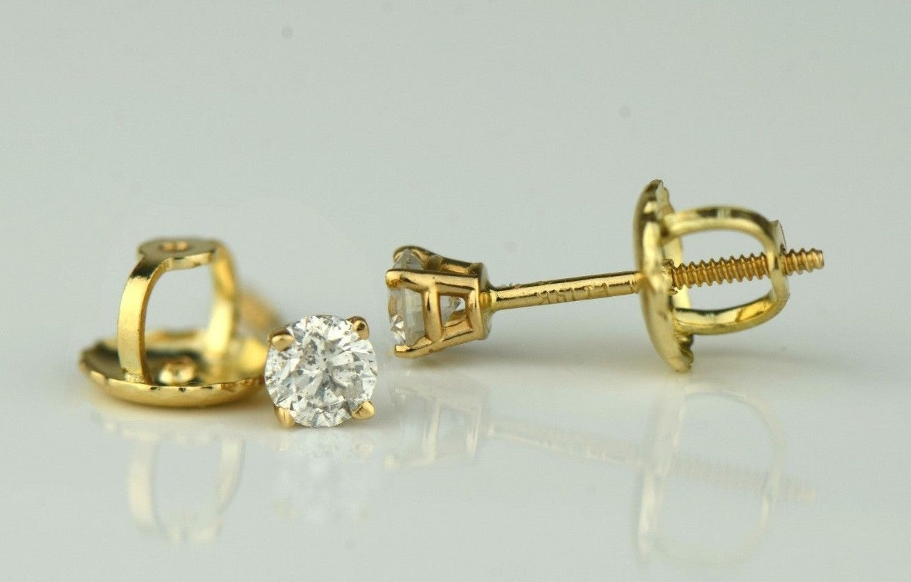 14k Yellow Gold Round Diamond Stud Earring with Screw Back .20 PT TW.