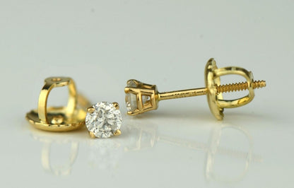 14k Yellow Gold Round Diamond Stud Earring with Screw Back .20 PT TW.