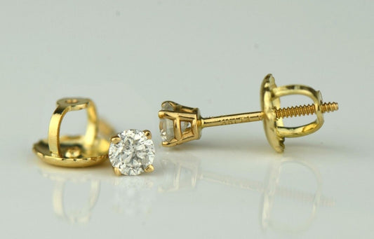14k Yellow Gold Round Diamond Stud Earring with Screw Back .20 PT TW.