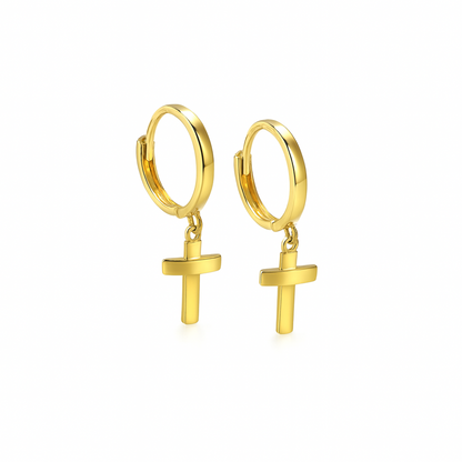 14k Yellow/White Gold Cross Dangle Hoop Huggie Earrings