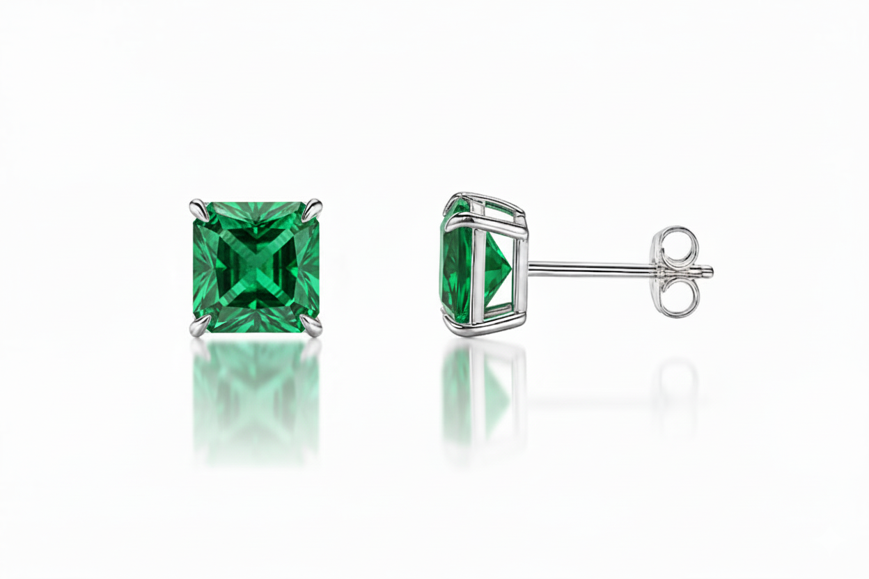 14k White Gold Solid Square Princess Cut Birthstone 6MM CZ Stud Earrings