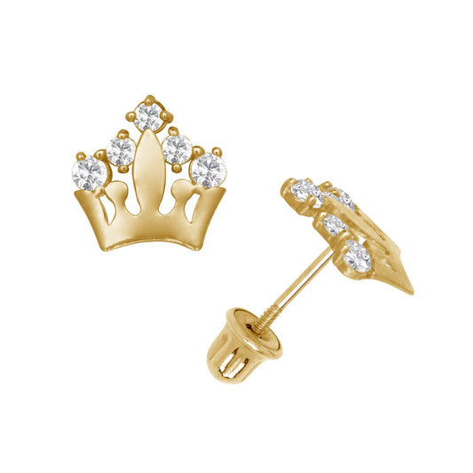 14K  Yellow & White Gold Unique CZ Crown Stud Earrings for Women