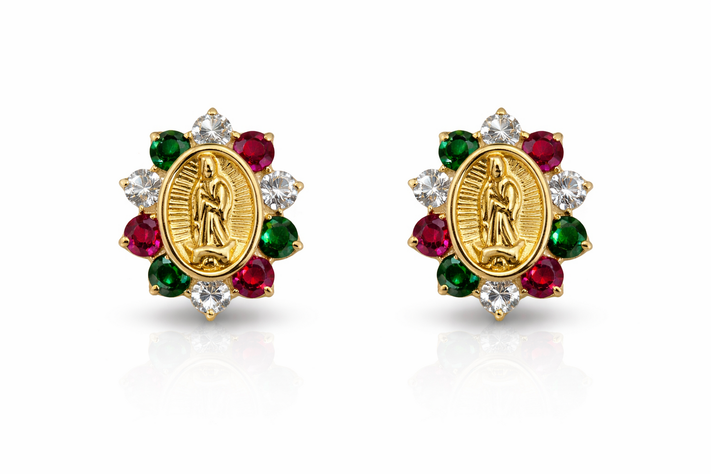 Solid 14K Yellow Gold Guadalupe Virgin Mary Screw Back CZ Stud Earrings