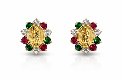 Solid 14K Yellow Gold Guadalupe Virgin Mary Screw Back CZ Stud Earrings