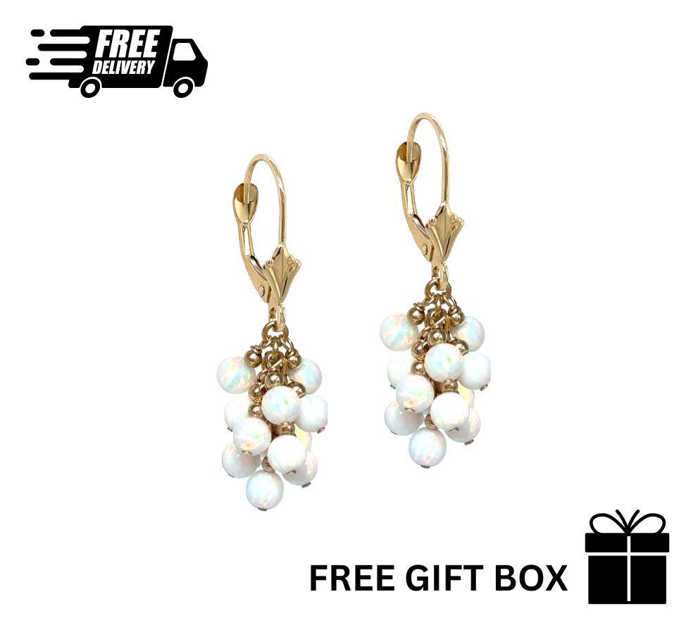 14k Yellow Gold Dangle White Opal Grape Leverback Earrings