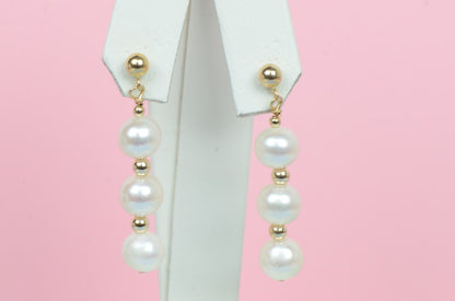 14K Yellow Gold Natural genuine White Pearl Necklace, Bracelet, Earrings Set