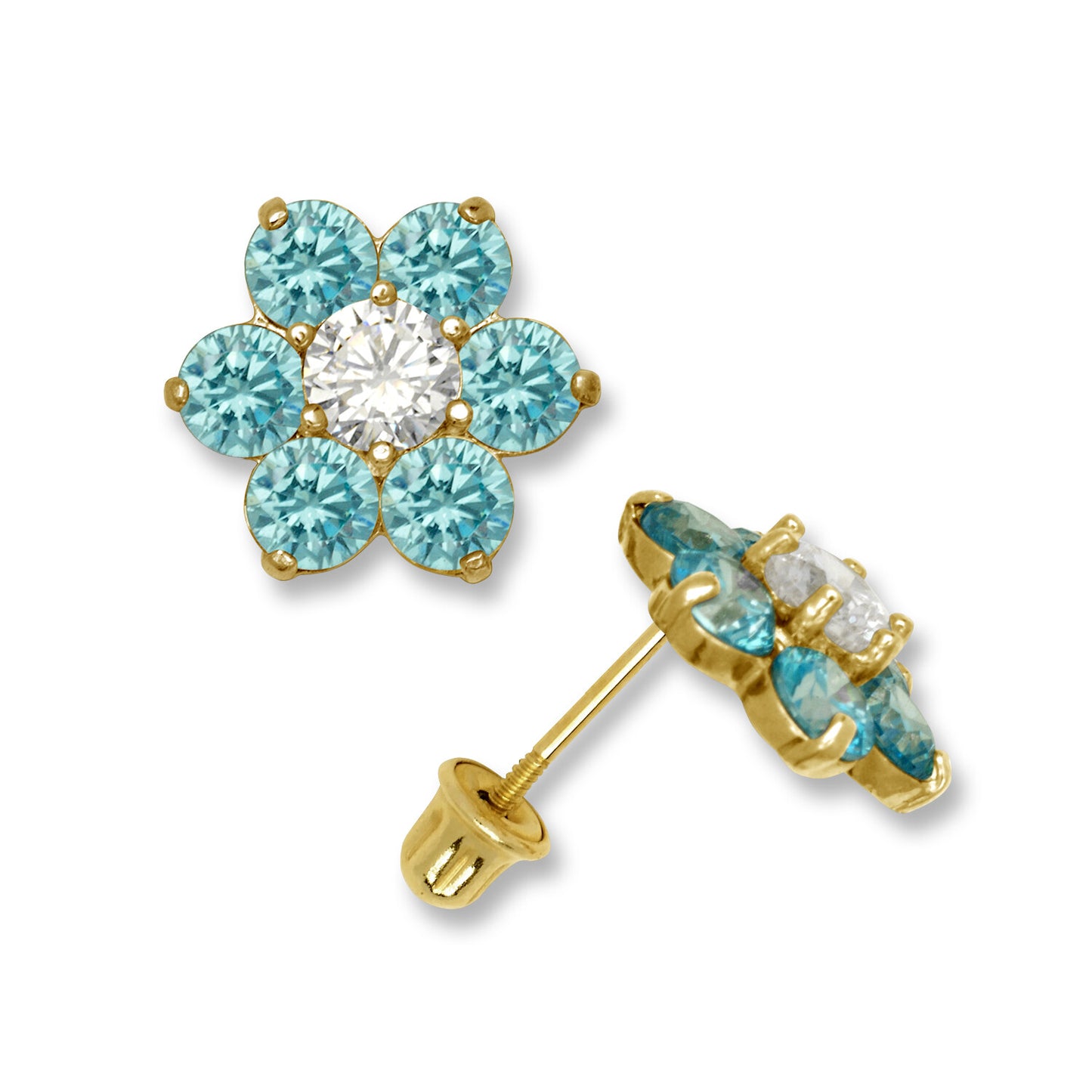 14k Yellow Gold CZ Flower Birthstone Stud Screw Back Earrings