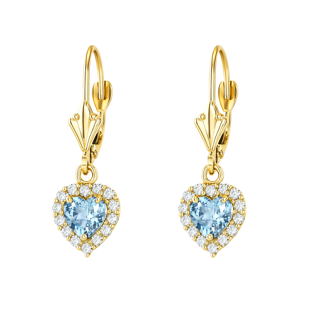 14k White Gold Halo Dangle Heart Leverback Pierced Earrings Birthstone