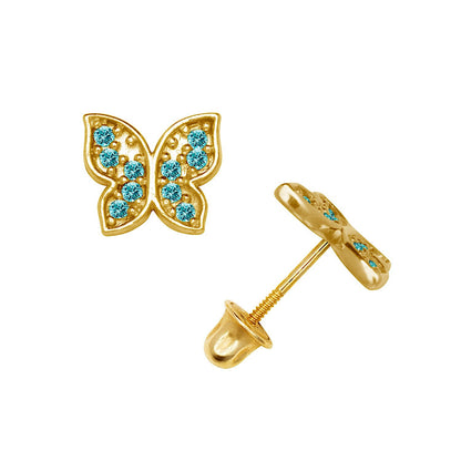 14K Yellow & White Gold CZ  Pretty Butterfly Studs Earrings for Girls