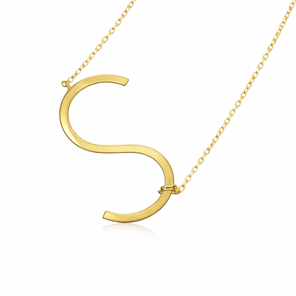14k Yellow Gold Sideway Initial Letter Necklace Pendant