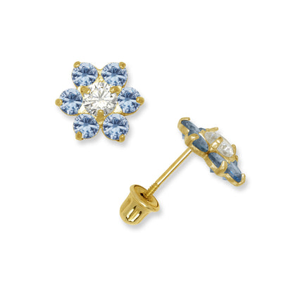 14k Yellow Gold CZ Flower Birthstone Stud Screw Back Earrings