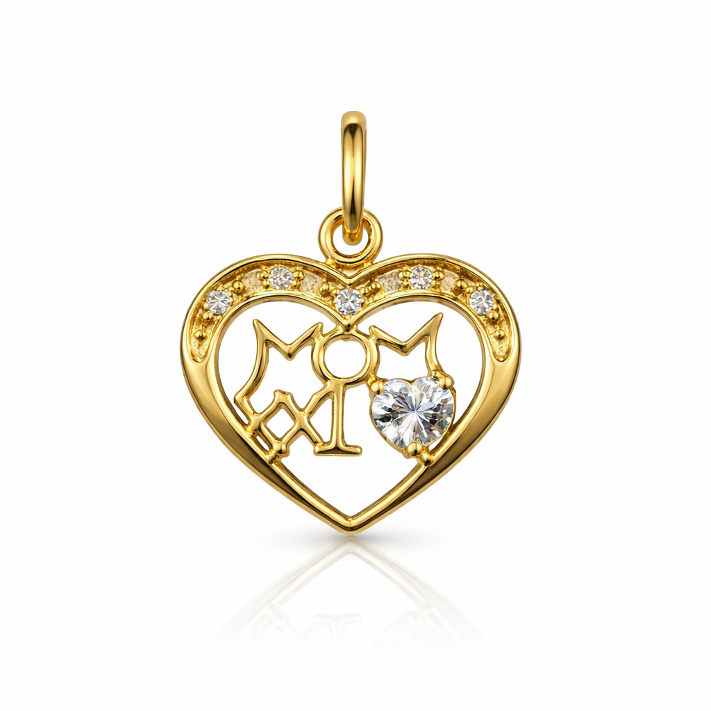 14k  Yellow Gold Mom Heart CZ Pendant