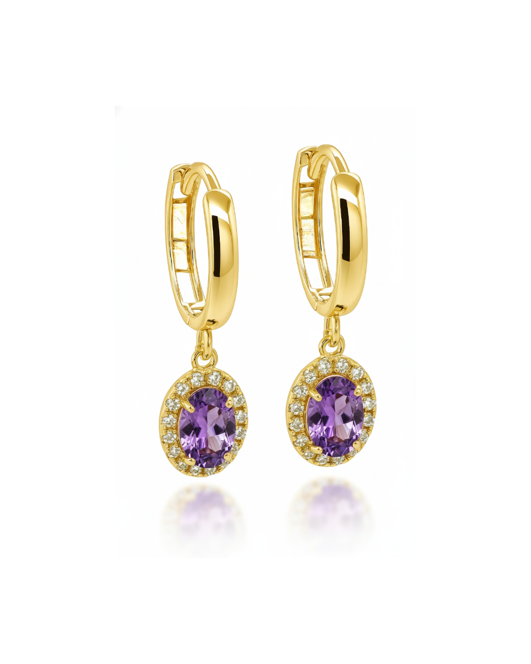 14k Yellow Gold Halo Oval Shaped Birthstone Huggie Earrings for Women