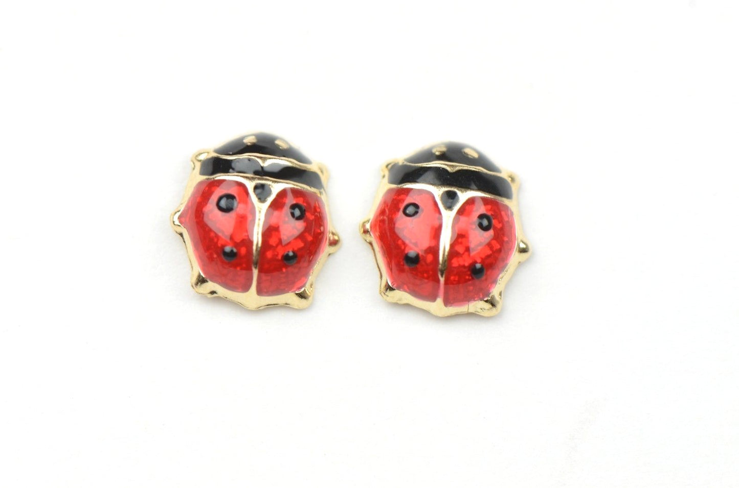 14k Yellow Gold Red and Black Enamel Lady Bug Baby earrings, Screw Back