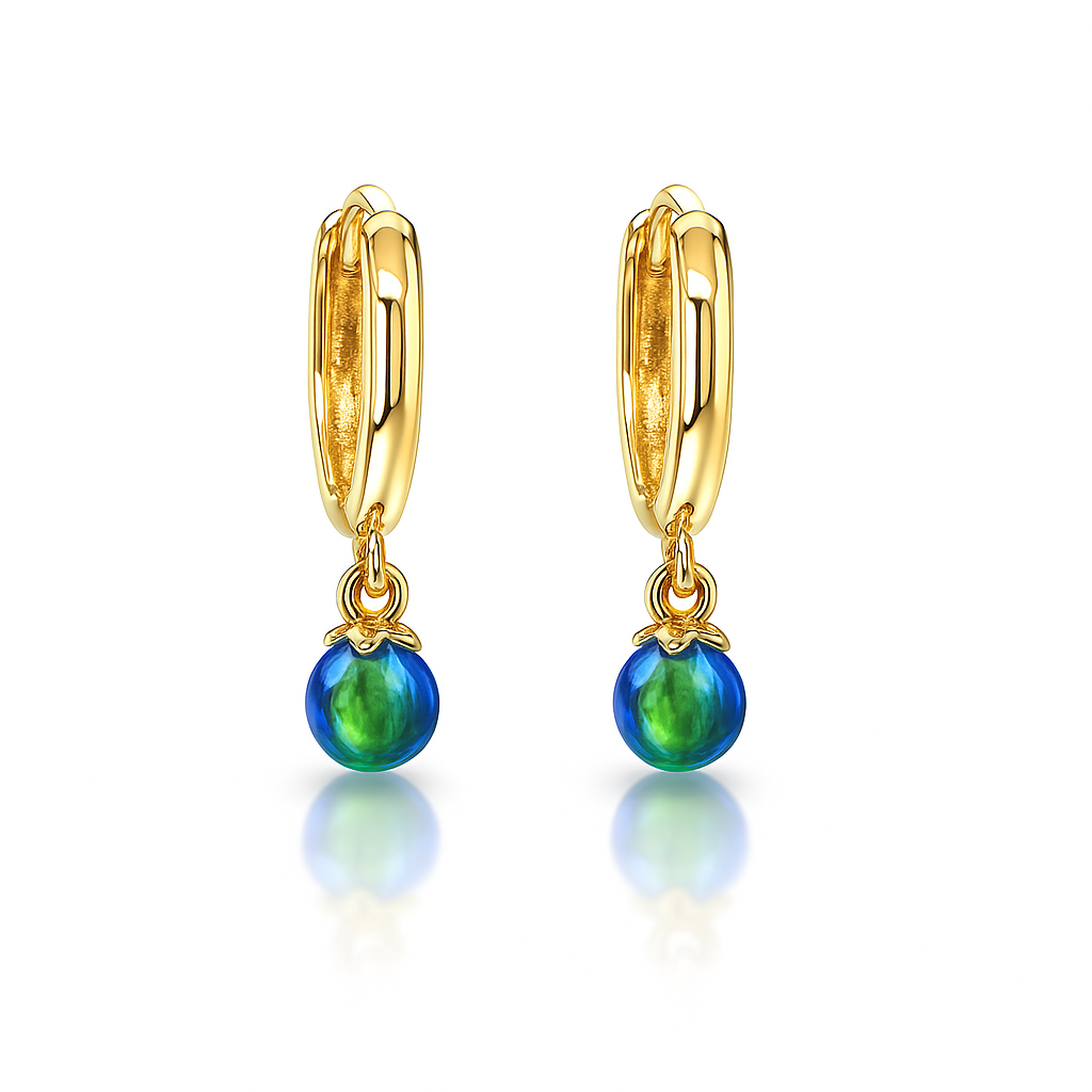 14k Yellow / White Gold Green Opal Huggie Dangle Earrings