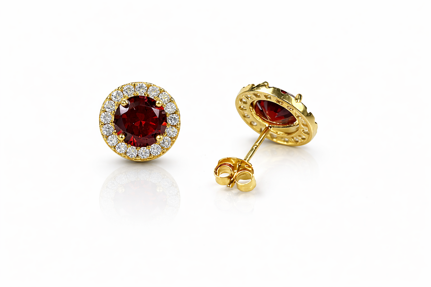 14K Solid Yellow Gold Round Halo CZ Stud Push Back Earrings