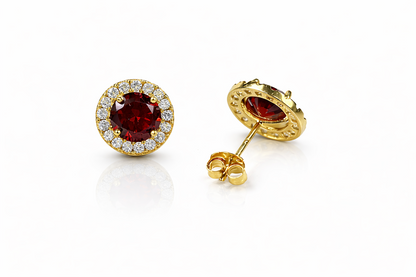14K Solid Yellow Gold Round Halo CZ Stud Push Back Earrings