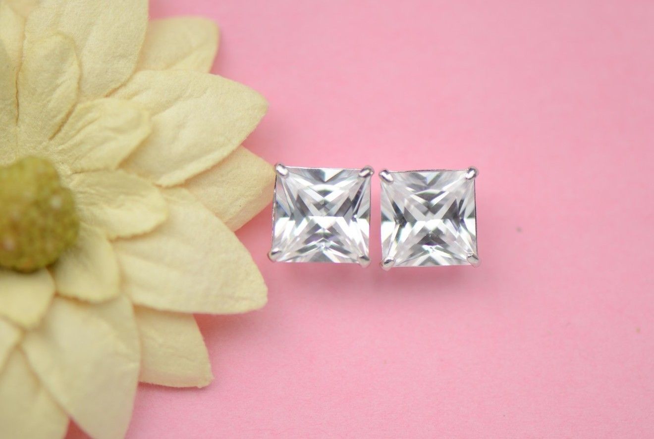 14k White Gold Square Princess Cut CZ Stud Earrings with screw back 3-7mm