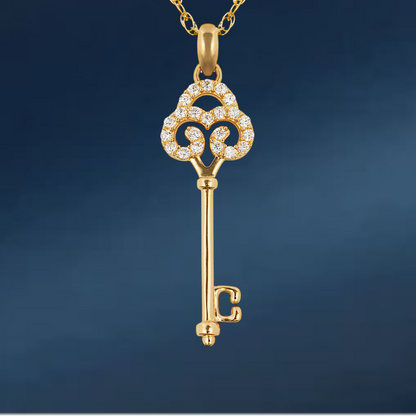 14K Yellow & White Gold Solid Elegant Key Pendant For Women