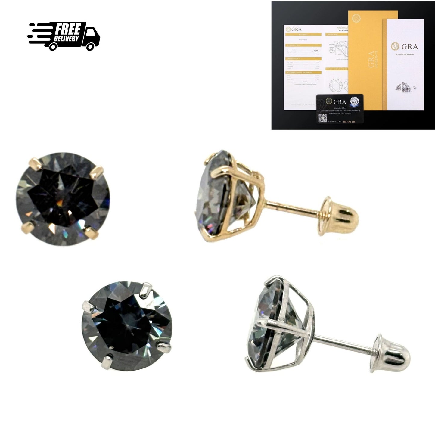 14K Gold GRA Certified D-VVS1 Round Grey Moissanite Screw Back Studs Earrings