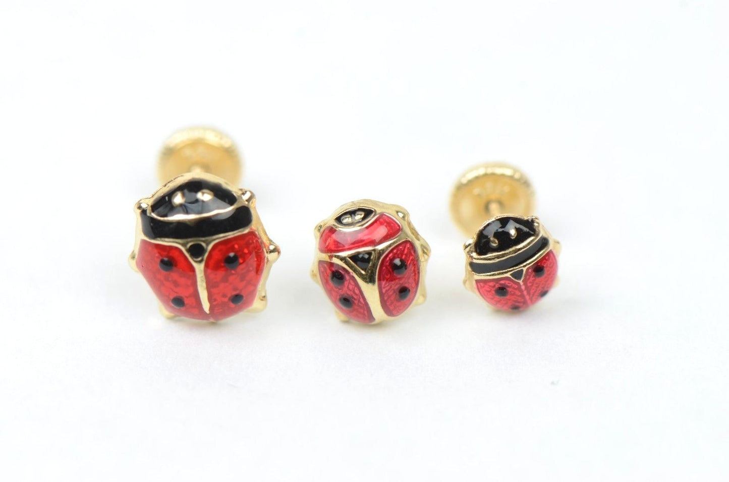14k Yellow Gold Red and Black Enamel Lady Bug Baby earrings, Screw Back