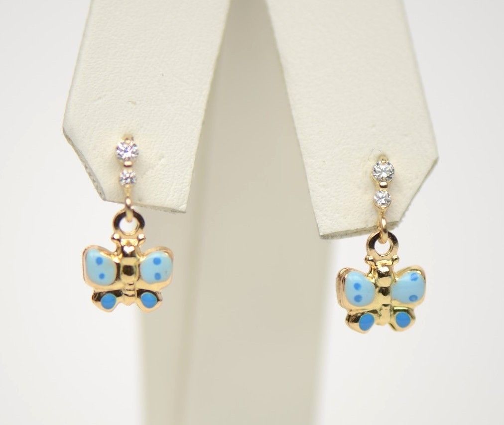 14k Solid Yellow Gold Enamel Butterfly Dangling Earring for Children
