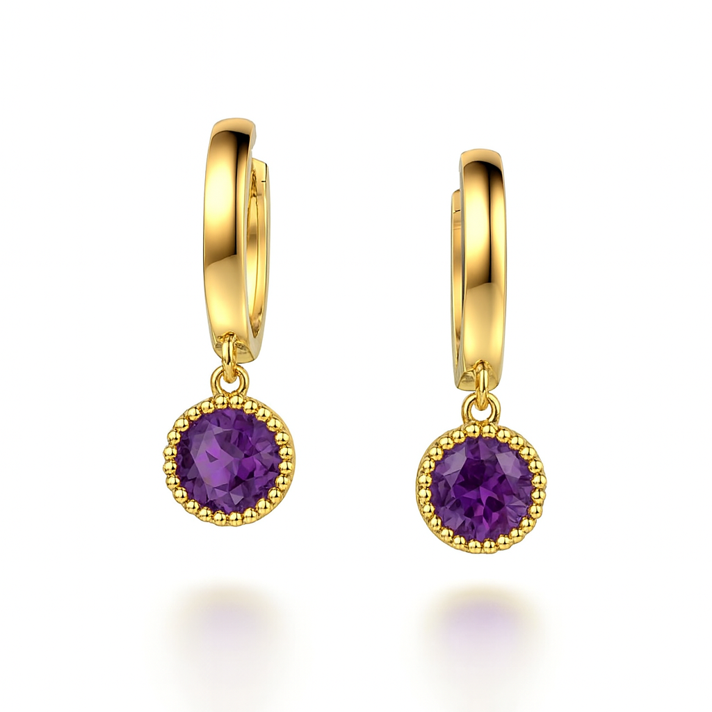 14k Yellow Gold Dangle Round Birthstone Huggie Earrings