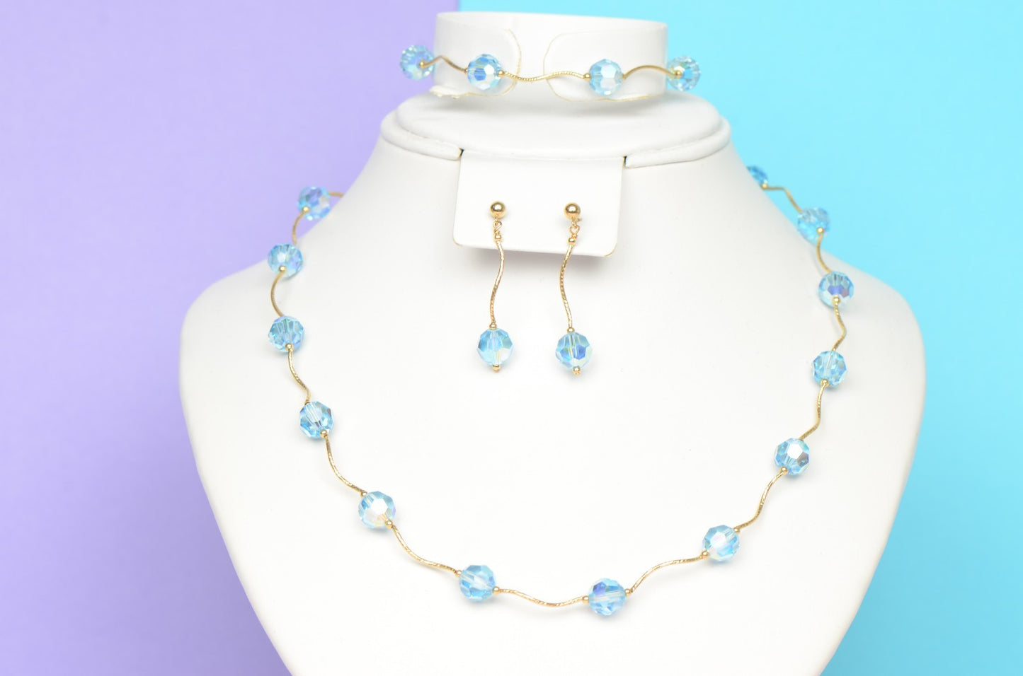 14kYellow Gold swarovski crystals Beads 3pcsWomen Set:Necklace,Bracelet,Earrings