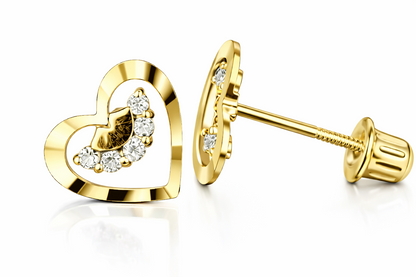 14k Solid Yellow or White Gold Heart Shape CZ Stud Earrings