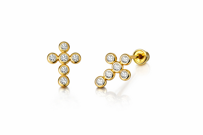 14K Yellow White Gold Cubic Zirconia CZ Cross Earrings