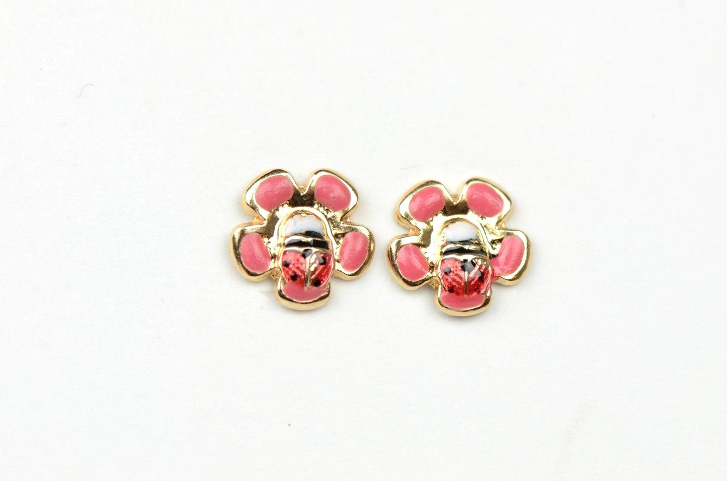 14k Yellow Gold Baby Enamel Flower earrings, Screw Back