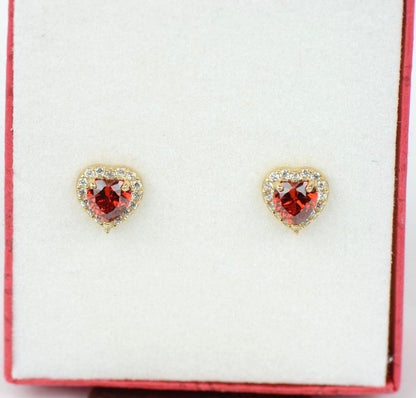 14k Solid Yellow Gold Halo Heart Stud Earrings with Push Back