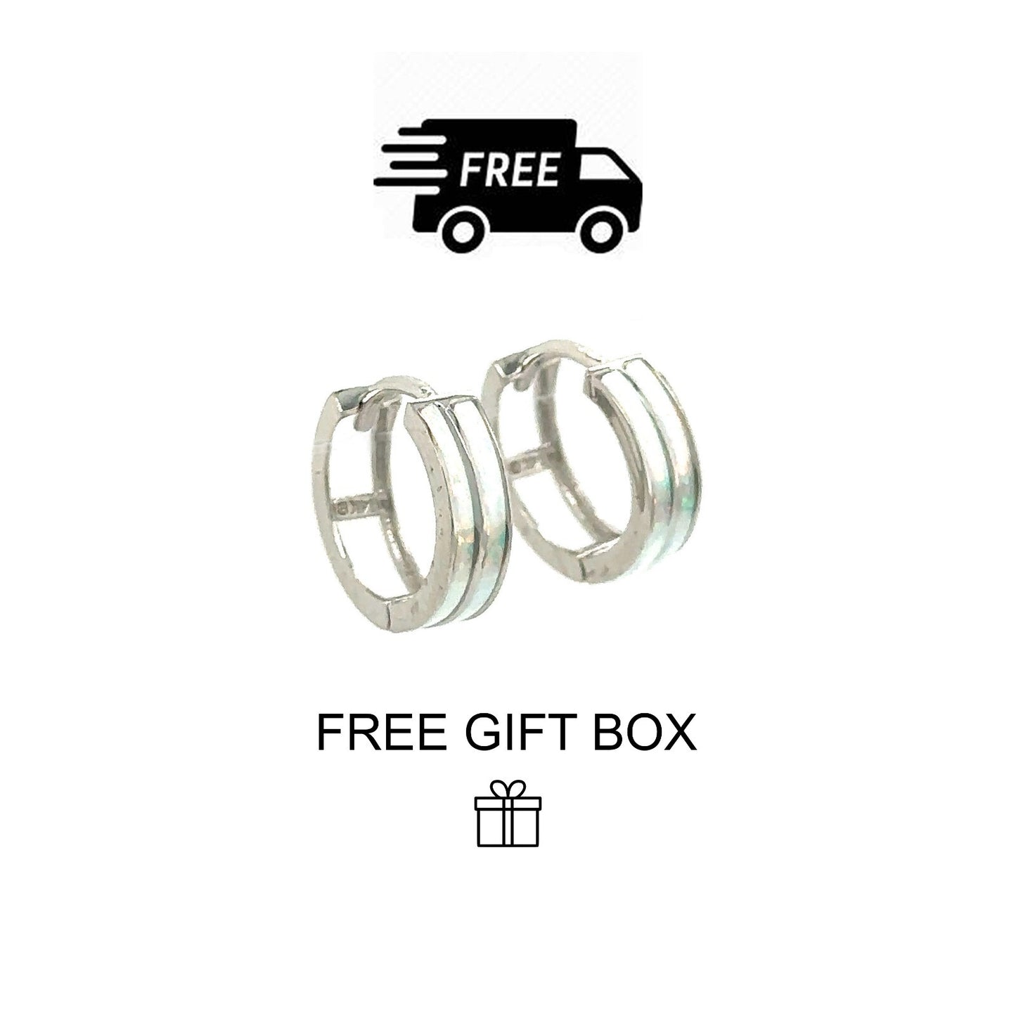 14k White Gold Double Row White Opal Huggie Hoop Earrings